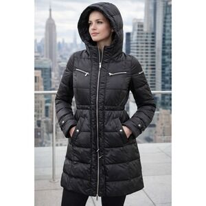 Michael Kors Womens Black Hooded Down Puffer Coat Long Quilted Parka Jacket